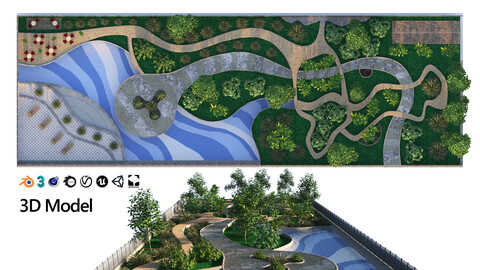 Low poly Rectangular Park Garden 3D Model
