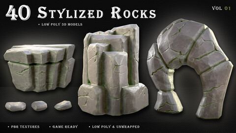 40 Stylized Rocks_ Low Poly