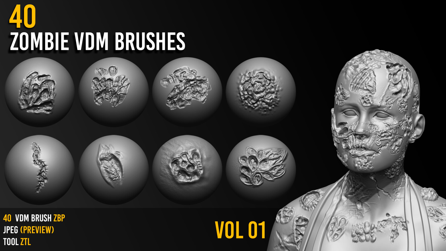 ArtStation - 40 Zbrush - Zombie Vdm Brushes + ZTools + 2 free samples -VOL 01 | Brushes