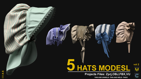 5 HATS MODESL VOL 2 (CLO3D AND MARVELOUS DESIGNER) ZPRJ, OBJ, FBX, UV