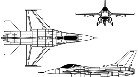 General Dynamics F-16 Fighting Falcon 3-view line drawing-svg vector file