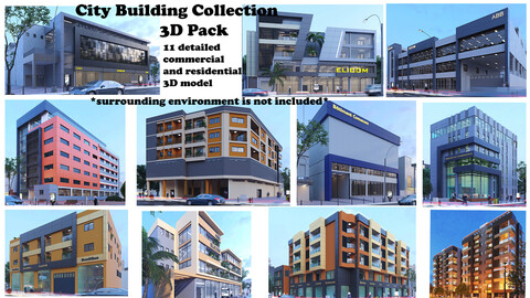 City Building Collection - Pack of 11 detailed commercial and residential 3D model