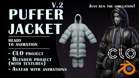 A large Puffer Jacket V.2, ready for animation [3D model, CLO3D, Blender3D]