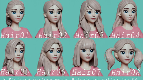 [Highpoly and Lowpoly]8 Stylized Hairs 4 for female and girl cartoon anime head woman female blonde brunette beautiful wig character hairstyle haircut human real time ingame unreal lowpoly