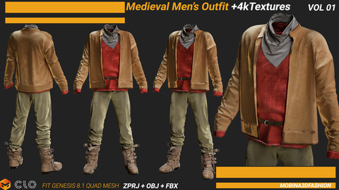 Medieval Men's Outfit- MD/Clo3d+PBR Textures+ OBJ+ FBX (VOL01)