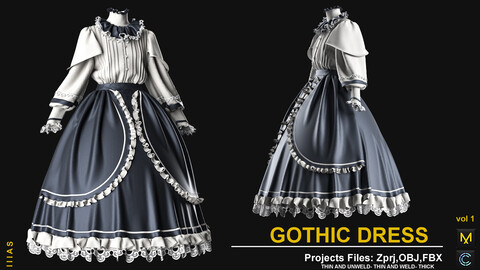 GOTHIC DRESS  (MARVELOUS DESIGNER AND CLO3D)ZPRJ, OBJ, FBX,UV