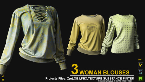 3 WOMAN BLOUSES  VOL 1 (MARVELOUS DESIGNER AND CLO3D)ZPRJ, OBJ, FBX,UV, 4K TEXTURE SUBSTANCE PINTER