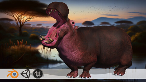 River Behemoth 3D Hippo Realistic Hippopotamus Low-poly 3D model