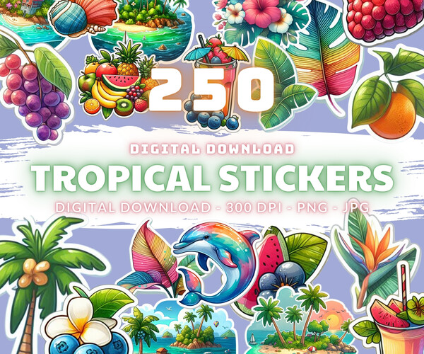 ArtStation - 250 Tropical Cut Digital Sticker, Files PNG Printable, 250 ...