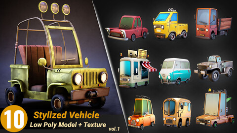 10 Stylized vehicles low poly 3d model + PBR Textures