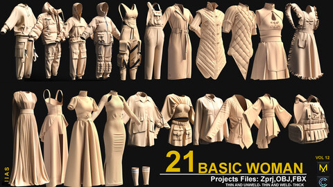 21 BASIC WOMAN CLOTHES VOL 12(CLO3D AND MAEVELOUS DESIGNER) ZPRJ, OBJ, FBX,UV