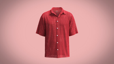 Relaxed fit Crochet Red shirt For Men short sleeves Button-up front