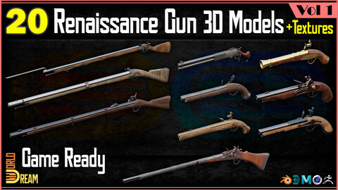 20 Renaissance Gun 3D Models with Textures | Game Ready | Vol 1