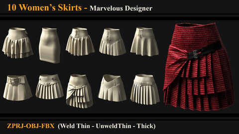 10 Women Skirts (Marvelous Designer/Clo3d)(ZPRJ+OBJ+FBX)