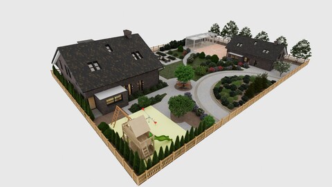 Highly detailed 3d scene of two Houses with garden landscape