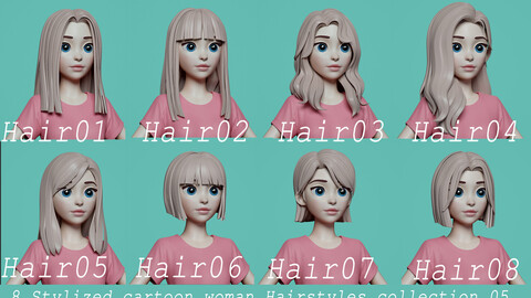 [Highpoly and Lowpoly]8 Stylized Hairs 5 for female and girl cartoon anime head woman female blonde brunette beautiful wig character hairstyle haircut human real time ingame unreal lowpoly