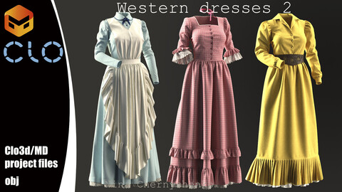 Western dresses 2. Marvelous Designer/Clo3d project + OBJ.