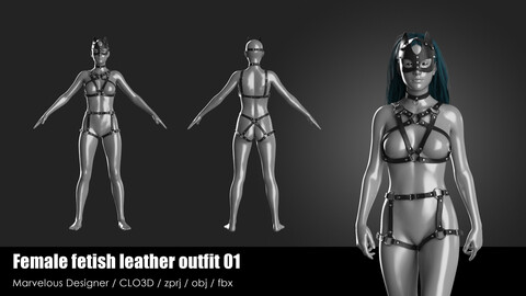 FEMALE FETISH LEATHER OUTFIT 01 / CLO project file + obj + fbx