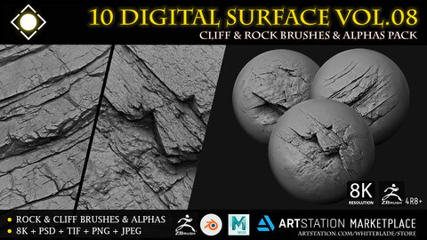 10 Digital Surface Rock & Cliff Brushes & Alphas Vol.08 - ZBrush/Blender/Mudbox/3dcoat