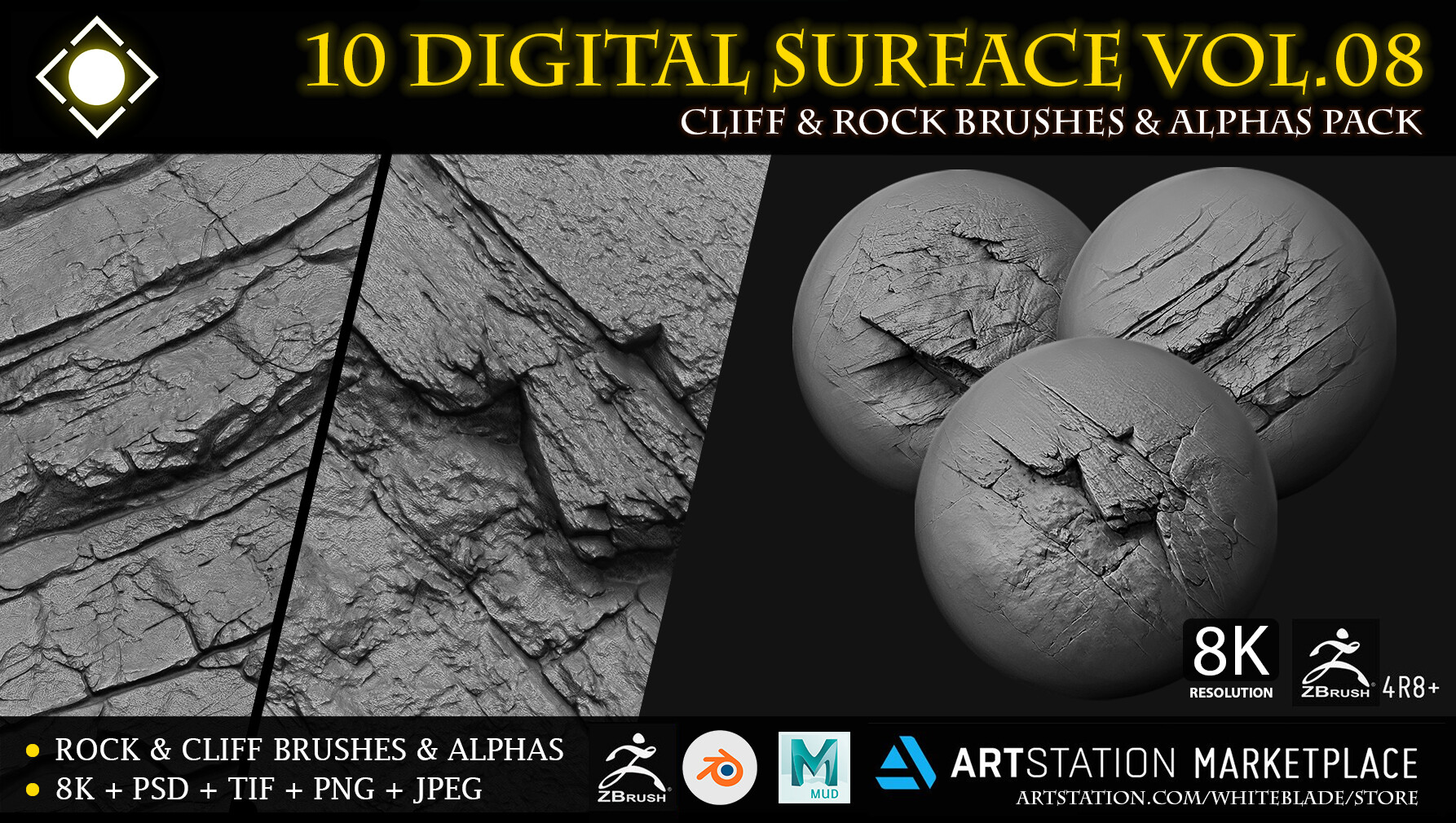 ArtStation - 10 Digital Surface Rock & Cliff Brushes & Alphas Vol.08 - ZBrush/Blender/Mudbox/3dcoat | Brushes