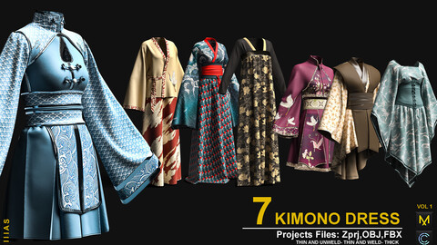 7 KIMONO DRESS VOL 1 (CLO3D AND MAEVELOUS DESIGNER) ZPRJ, OBJ, FBX,UV