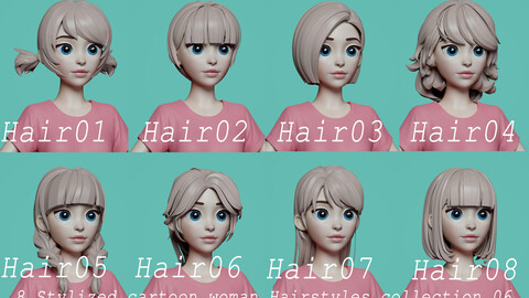 [Highpoly and Lowpoly]8 Stylized Hairs for female 06 and girl cartoon anime head woman female blonde brunette beautiful wig character hairstyle haircut human real time ingame unreal lowpoly