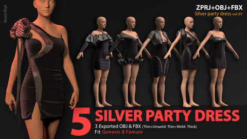 5 SILVER SEQUIN PARTY DRESS PACKS (VOL.02). CLO3D, MD PROJECTS+OBJ+FBX