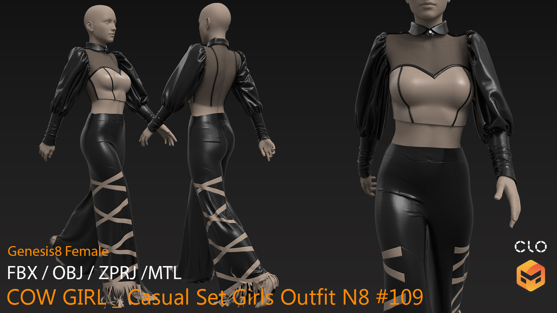 ArtStation - COW GIRL _ Casual Set Girls Outfit N8 #109 _  MarvelousDesigner/CLO Project Files+fbx+obj+mtl + Avatar Genesis8Female |  Game Assets