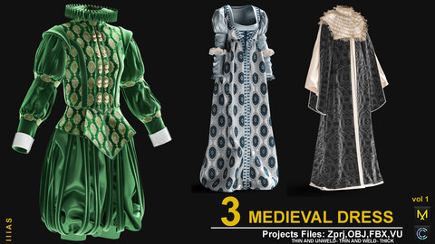 3 MEDIEVAL DRESS VOL 1(MARVELOUS DESIGNER AND CLO3D)ZPRJ, OBJ, FBX,UV