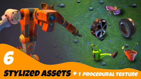 Stylized Factory Robot + 5 Assets + One Procedural Texture