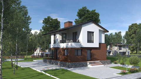 Highly detailed 3d scene of modern House with garden landscape