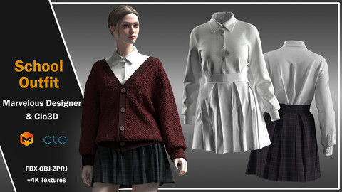 School Outfit For Women (ZPRJ with a pose, FBX, OBJ, DXF, PDF)