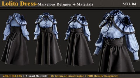 Lolita Dress -MD/Clo3d + Smart Material + 4K Textures + OBJ + FBX (vol 04)