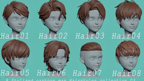 [Highpoly and Lowpoly]8 Stylized Hairs collection 07 for male  boy man cartoon anime head woman female blonde brunette beautiful wig character hairstyle haircut human real time ingame unreal lowpoly