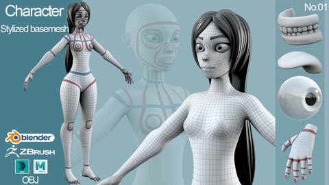 Cartoon female character base mesh Low poly stylized 3D model
