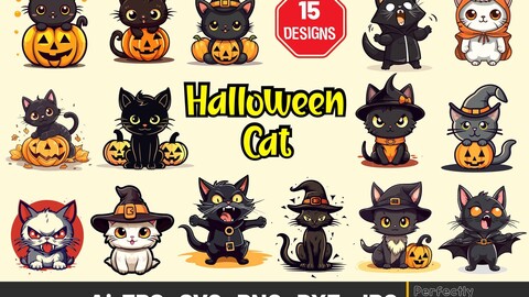 Halloween Cat SVG clipart, Cute Halloween black cats, Kawaii Pumpkin Ghost Kitten clipart, Spooky Cat png, Funny Cat svg,Scary Halloween cat