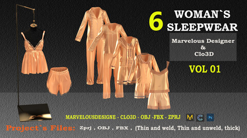 6 WOMAN`S SLEEPWEAR DESIGNE IN CLO3D (ZPRJ,FBX,OBJ,PNG)