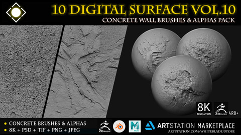 10 Digital Surface Concrete Wall Brushes & Alphas Vol.10 - ZBrush 4R8+/Blender/Mudbox/3dcoat