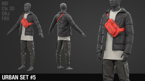 Urban set #5 / Outfit / Street / Jacket / Bomber / T-shirt / Pants / Bag / Marvelous Designer