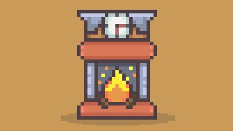 Fireplace pixel art, brick fireplace vector, pixelart vector, editable fireplace vector