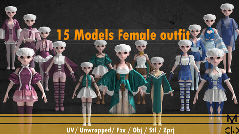 15 Basic Models of Female Outfit + MD/Clo3d +obj + fbx + UV -Vol.8