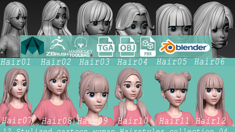 [Highpoly and Lowpoly]12 Stylized Hairs collection 08 for female boy woman cartoon anime head woman female blonde brunette beautiful wig character hairstyle haircut human real time ingame unreal lowpoly