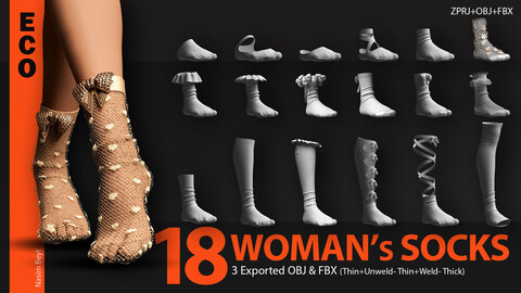 18 WOMEN'S SOCKS PACK (ECO.VOL.04). CLO3D, MD PROJECTS+OBJ+FBX