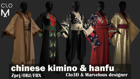 Female Kimino & Hanfu/Marvelous designer&Clo3D/ZPRJ+OBJ+FBX(Thick,thin unweld,weld)