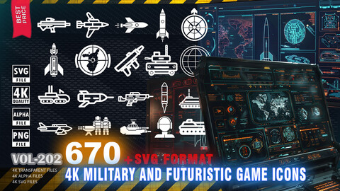 670 4K MILITARY AND FUTURISTIC GAME ICONS + SVG VECTOR FILES - HIGH END QUALITY RES - (TRANSPARENT & ALPHA & VECTOR) - VOL202