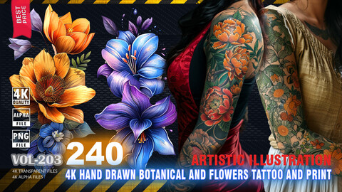 240 4K HAND DRAWN BOTANICAL AND FLOWERS TATTOO AND PRINT - ARTISTIC ILLUSTRATION - HIGH END QUALITY RES - (TRANSPARENT & ALPHA) - VOL203