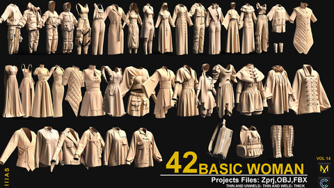 42 BASIC WOMAN CLOTHES VOL 13 (CLO3D AND MAEVELOUS DESIGNER) ZPRJ, OBJ, FBX,UV