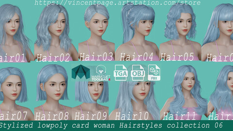 12 Real-time woman Hairstyles collection 06 hair anime head man male blonde brunette beautiful wig character hairstyle haircut human real time ingame unreal lowpoly