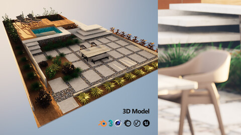 LowPoly Modern Backyard Garden 3D Model