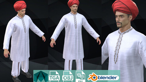 Indian traditional cloth suit for man Low-poly 3D model couch indian asian india professor sikh nothern turban pajama fashin character man clothing maharashtra kurta payzama panjabi